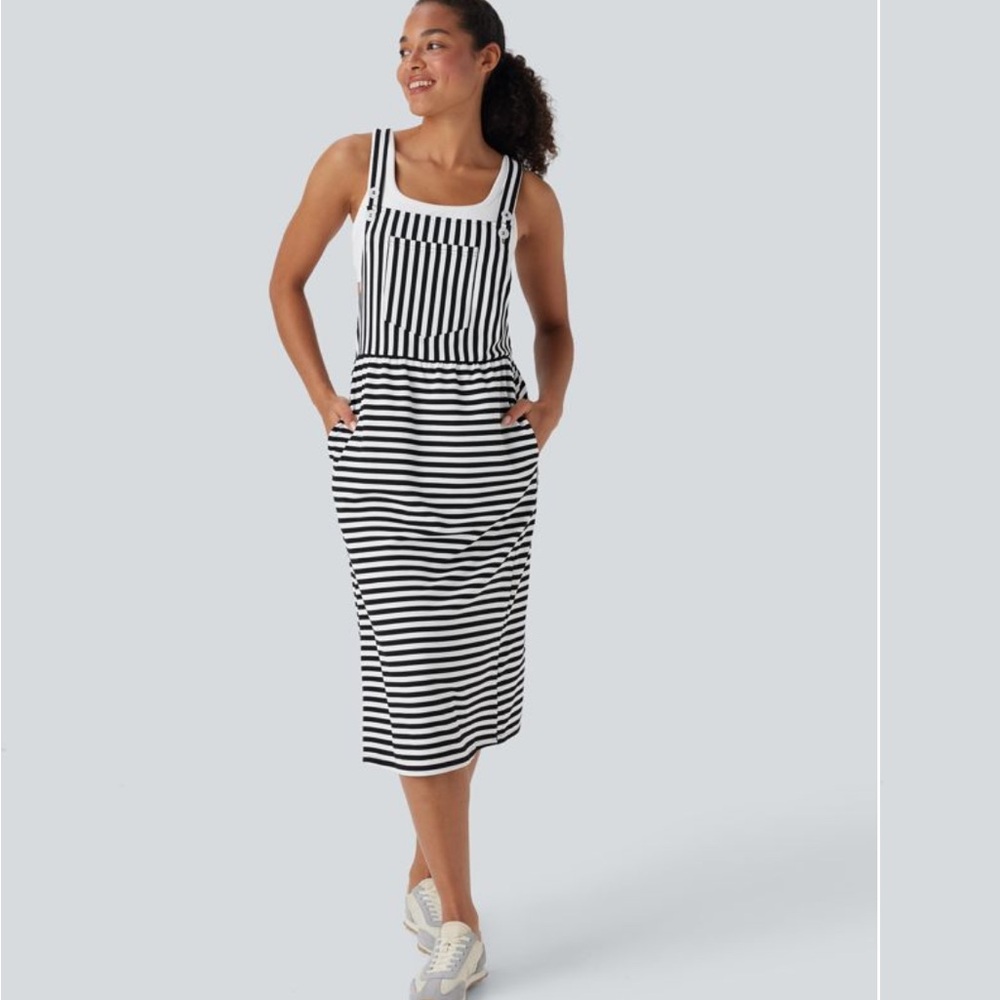 HALARA Pockets Stripe Waffle Casual Pinafore Dress